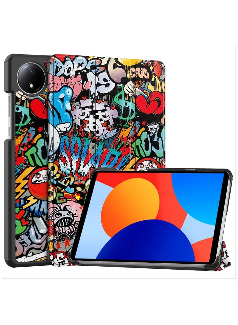 Flip Case Compatible with Xiaomi Redmi Pad SE 4G 8.7, PU Leather Cover With Stand Function, 360° Protective - Graffiti - Image 1
